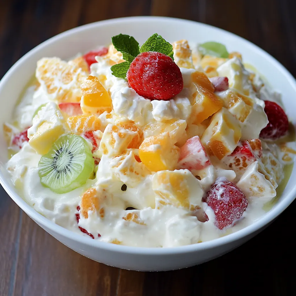 A bowl of fruit salad with a raspberry on top.