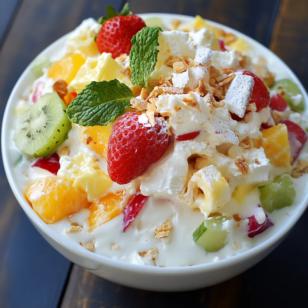 A bowl of fruit with whipped cream.