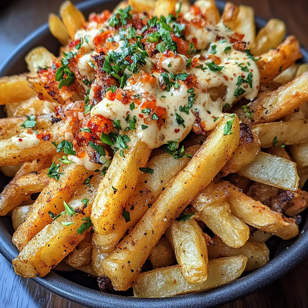 A bowl of fries with cheese and bacon.