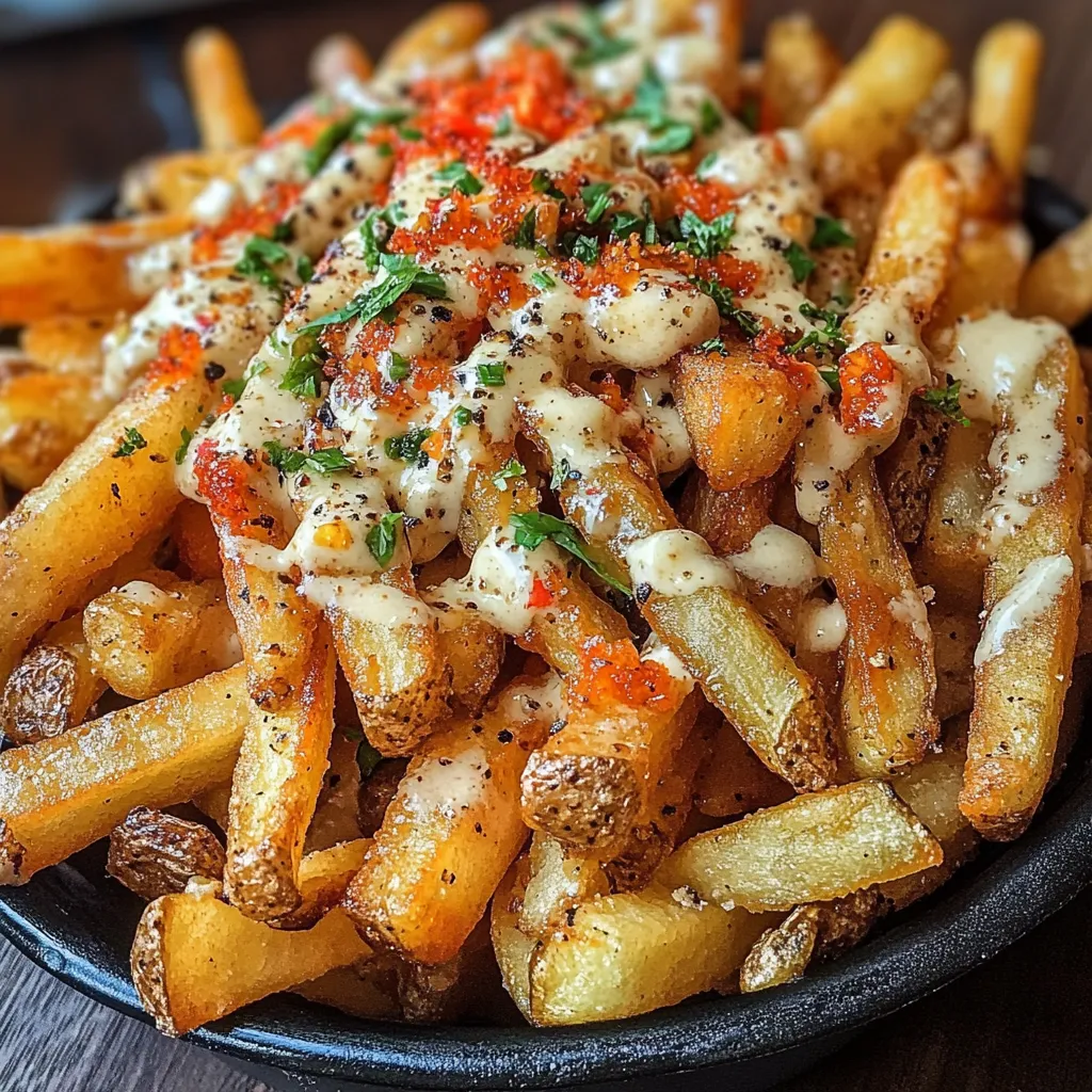 A plate of french fries with cheese and seasoning.