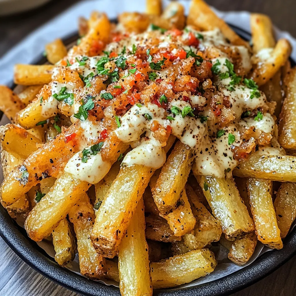 A bowl of french fries with cheese and peppers.