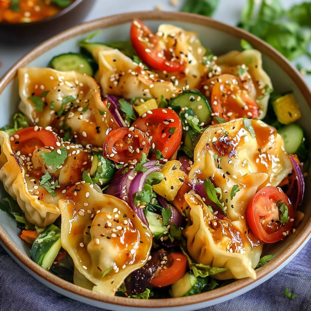 A bowl of food with tomatoes, cucumbers, and noodles.