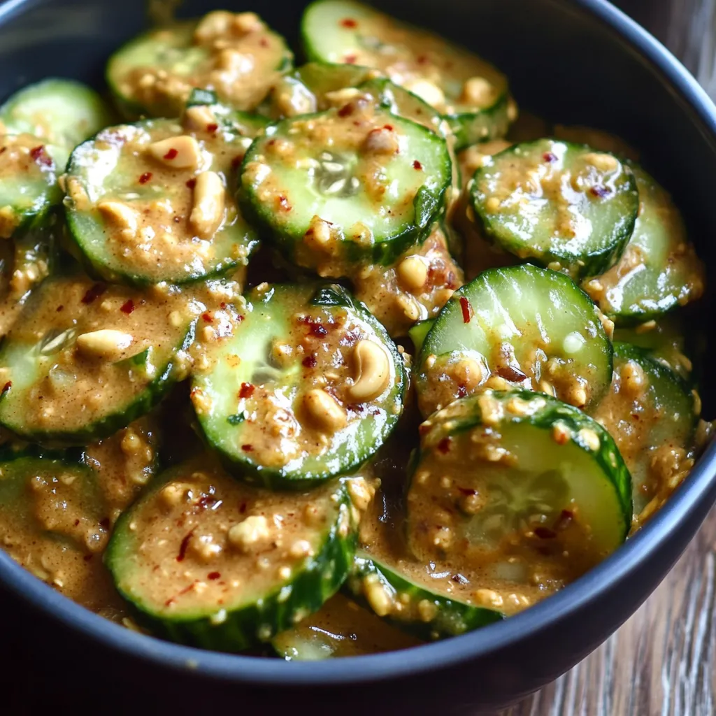 A bowl of cucumbers with a sauce.