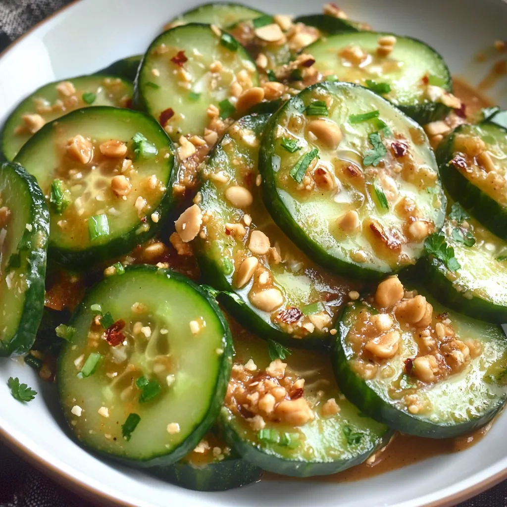 A plate of sliced cucumbers with peanuts.