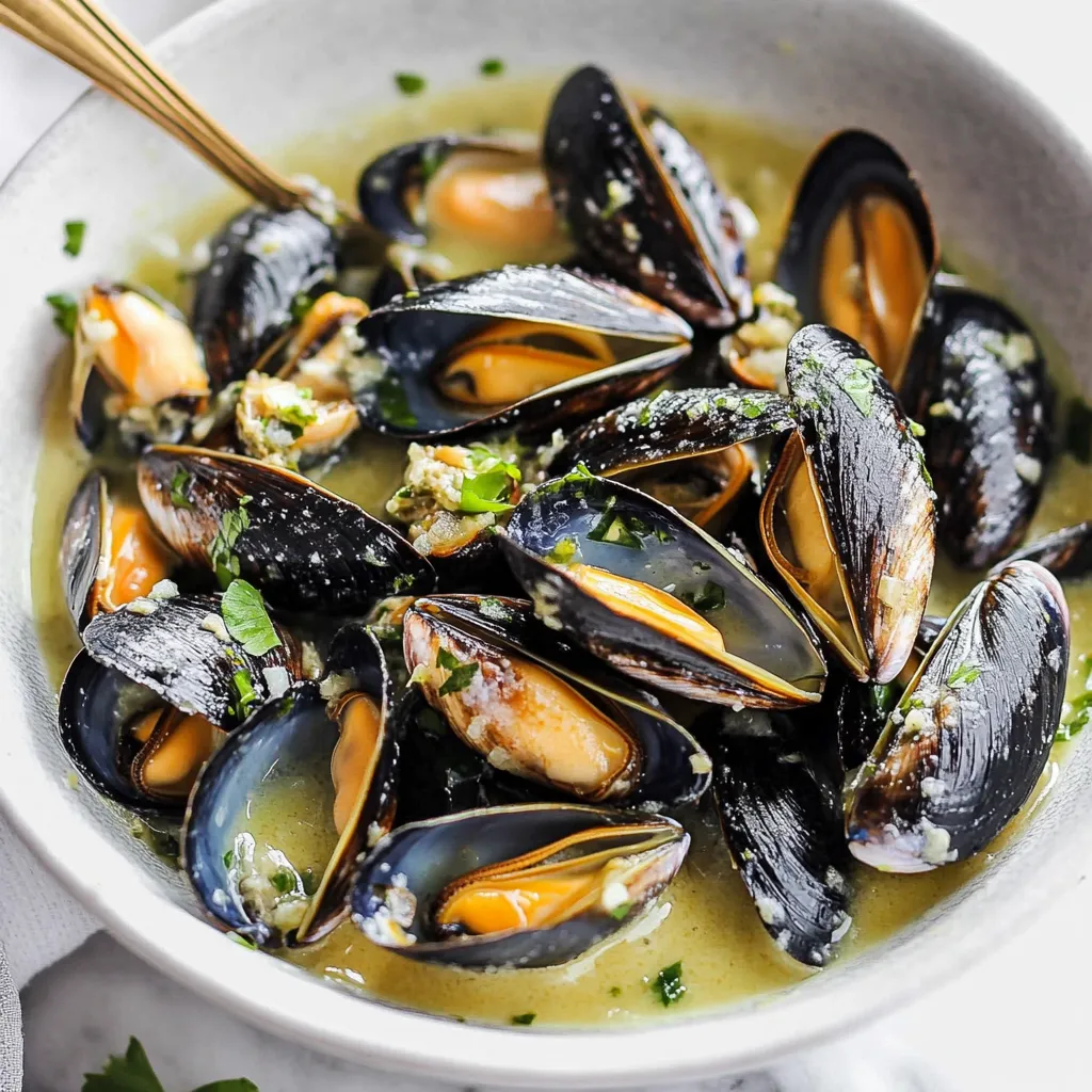 A bowl of mussels in a brown broth.
