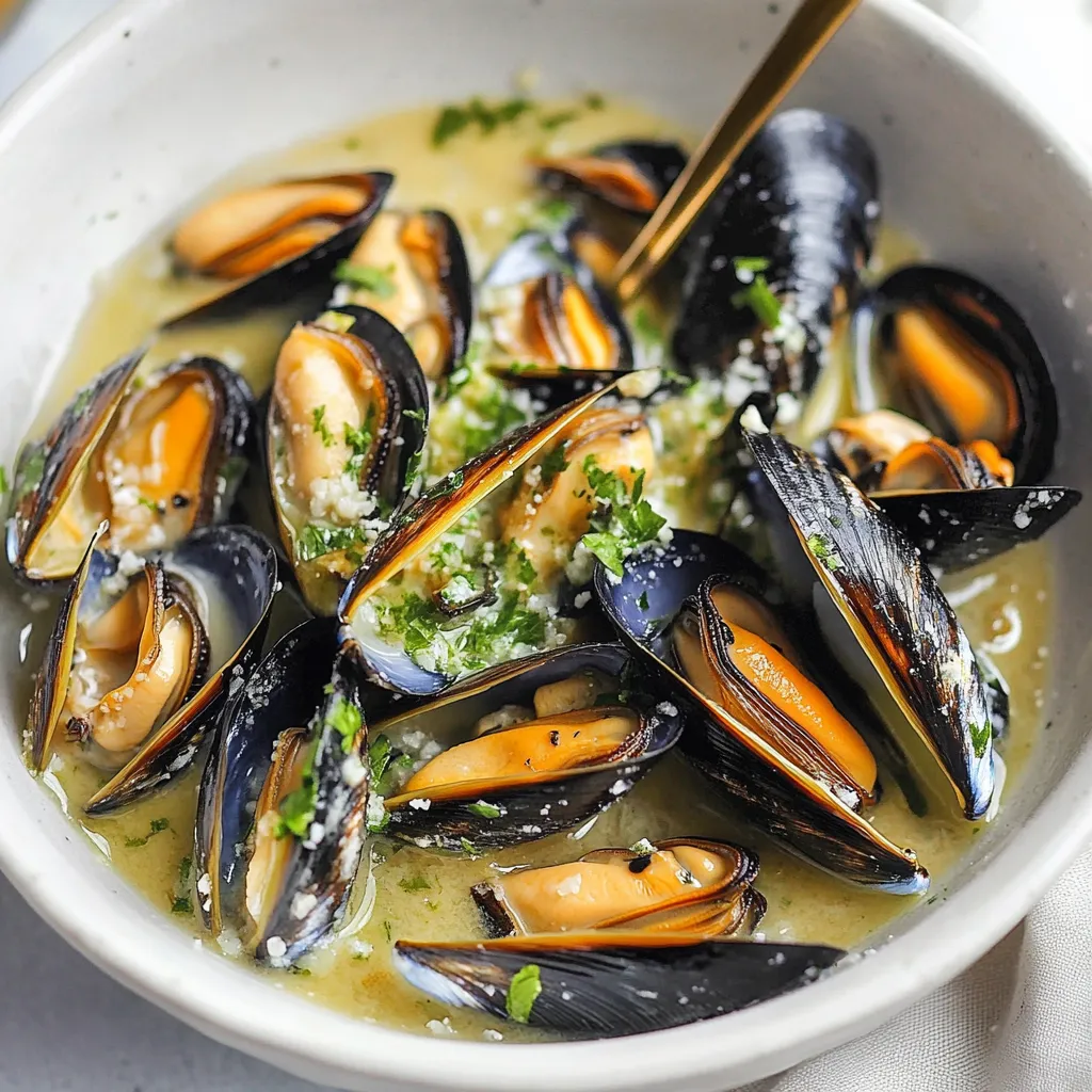 A bowl of mussels in a white bowl.