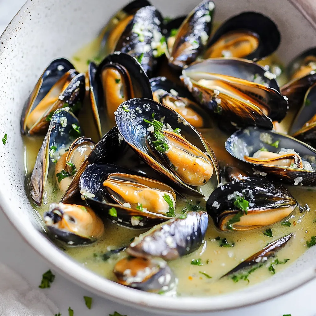 A bowl of mussels with herbs and sauce.
