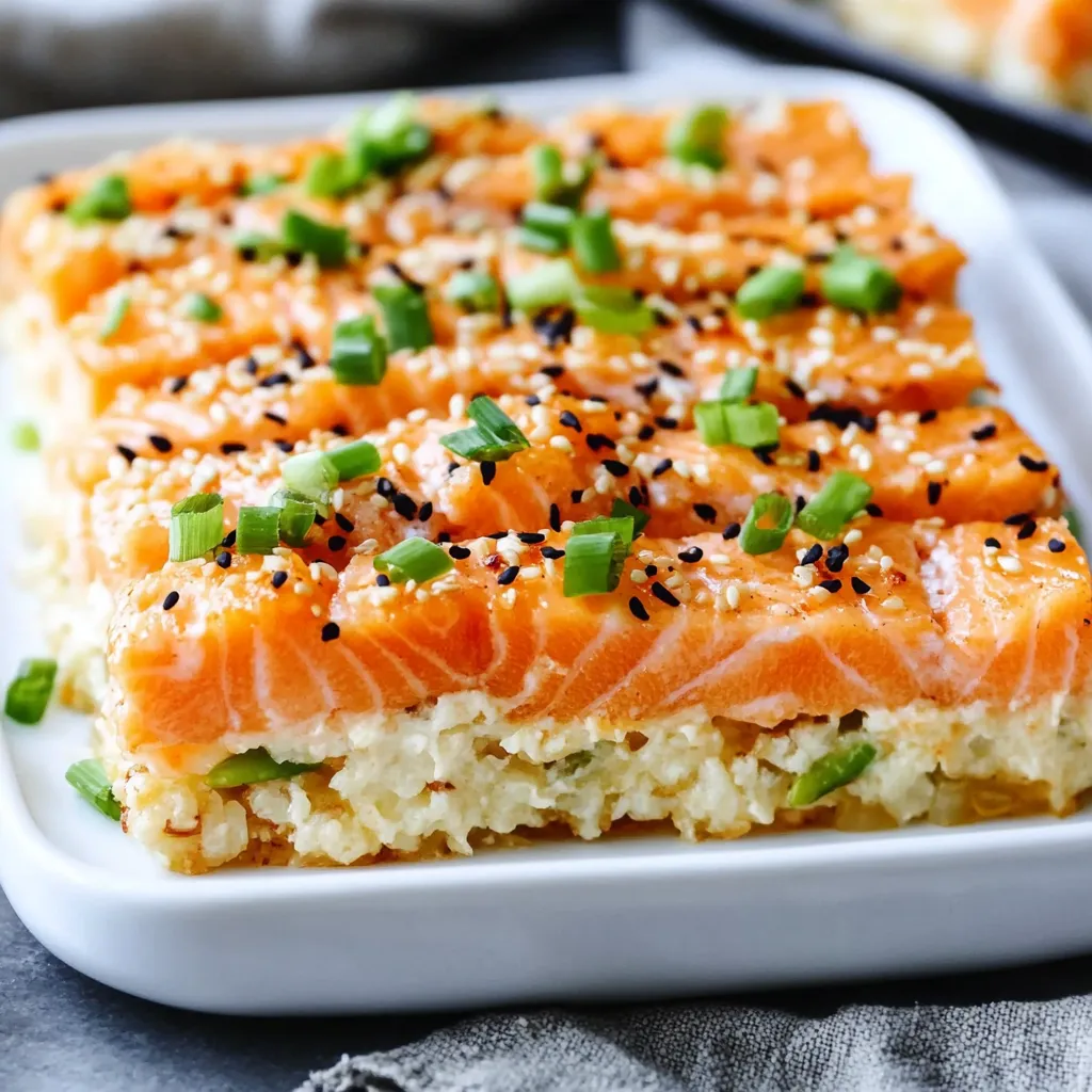 A square dish with fish and vegetables.