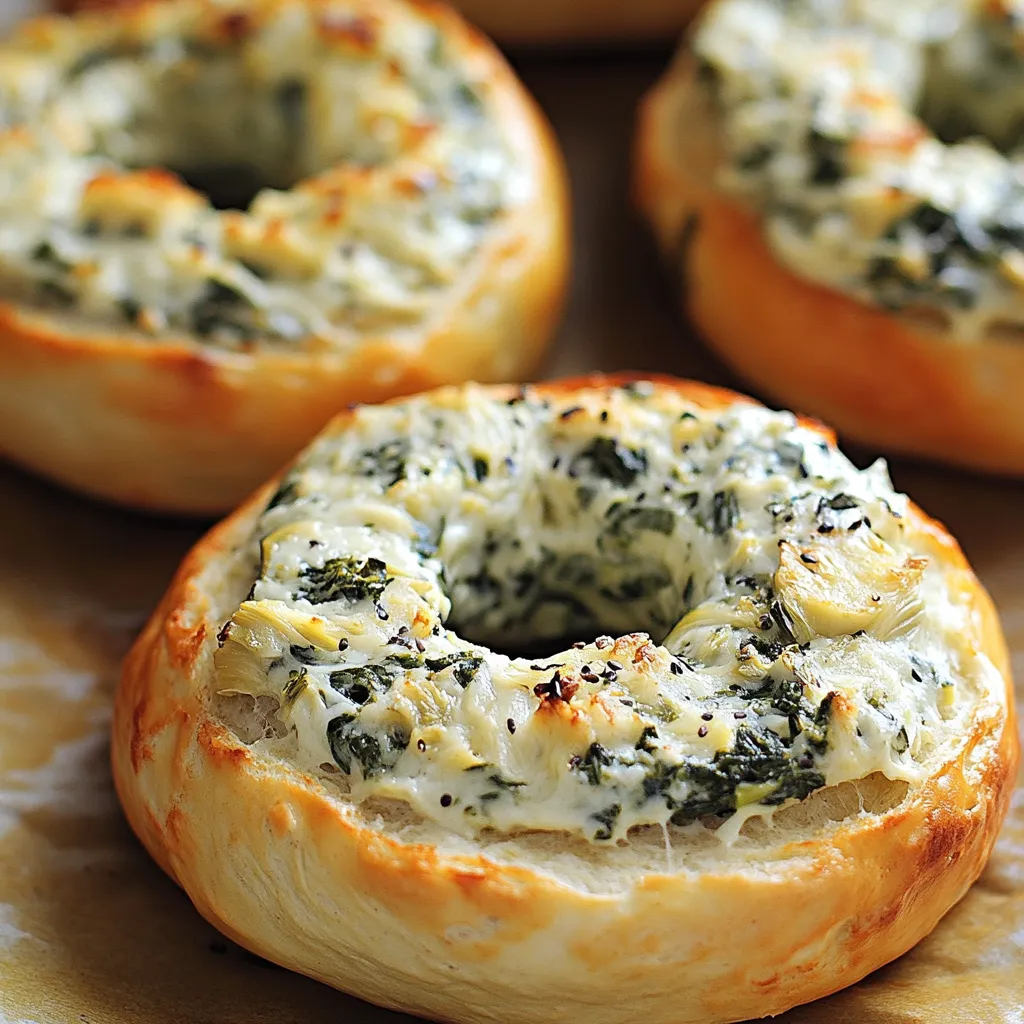 Three bagels with cheese and spinach.