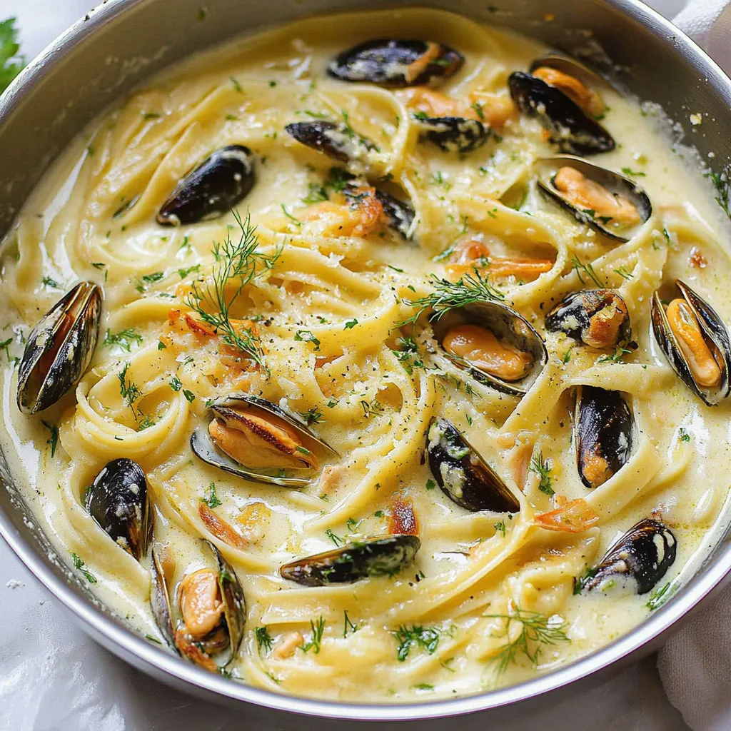 A bowl of pasta with clams and herbs.