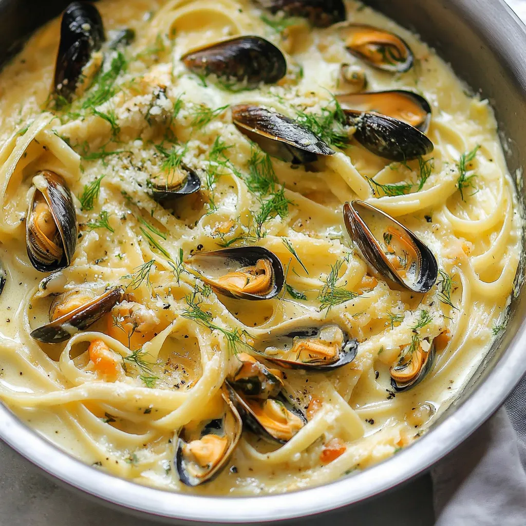 A bowl of pasta with clams and herbs.