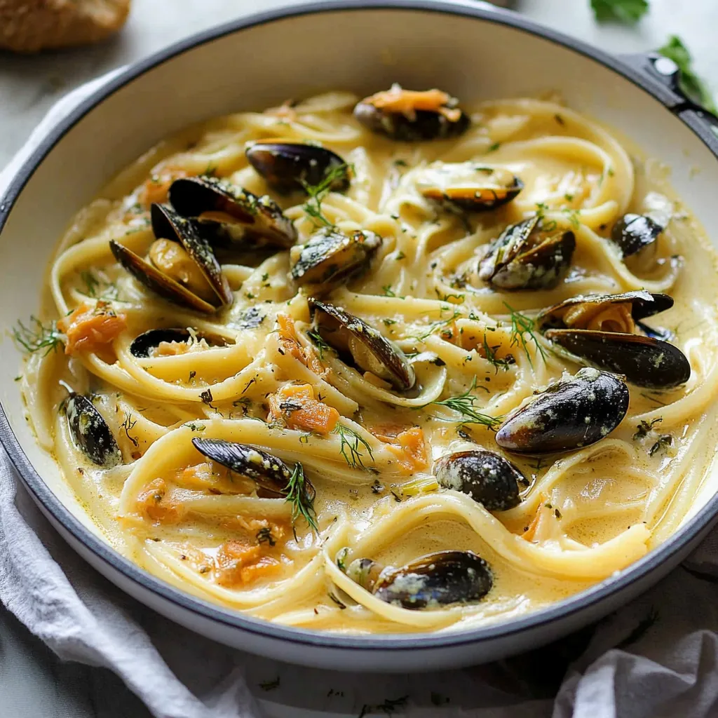 A bowl of pasta with clams and herbs.