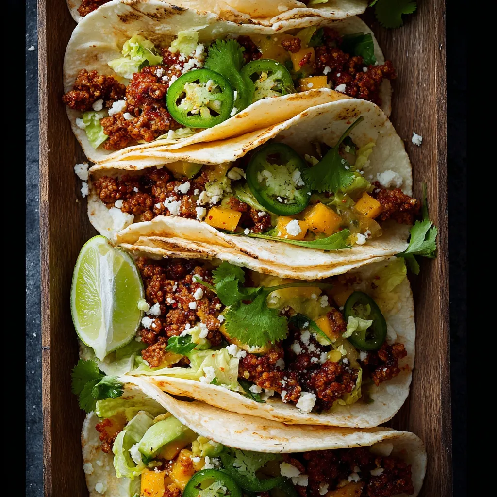 A wooden tray with 6 tacos on it.