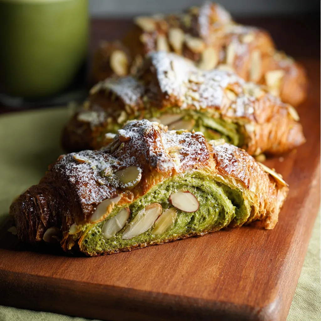 A slice of almond croissant on a wooden cutting board.