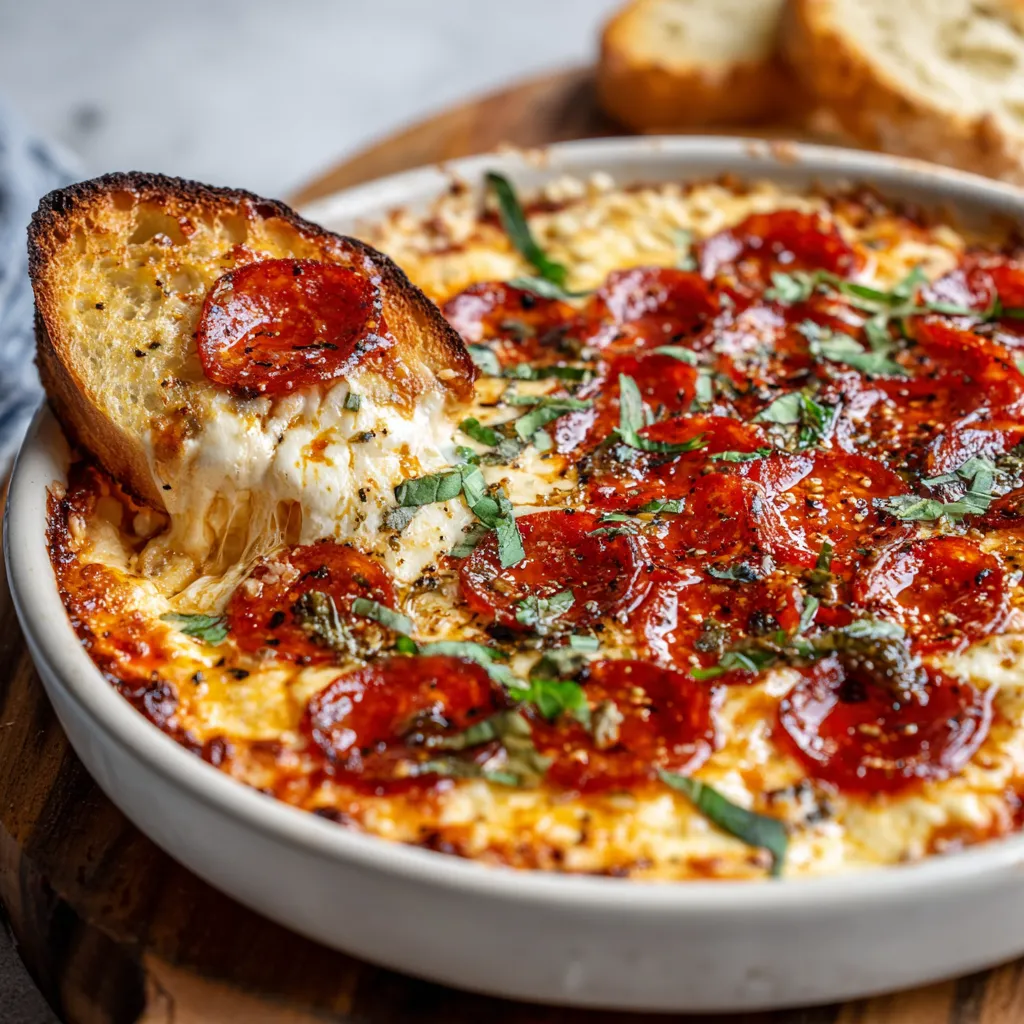 A bowl of food with pepperoni and cheese.