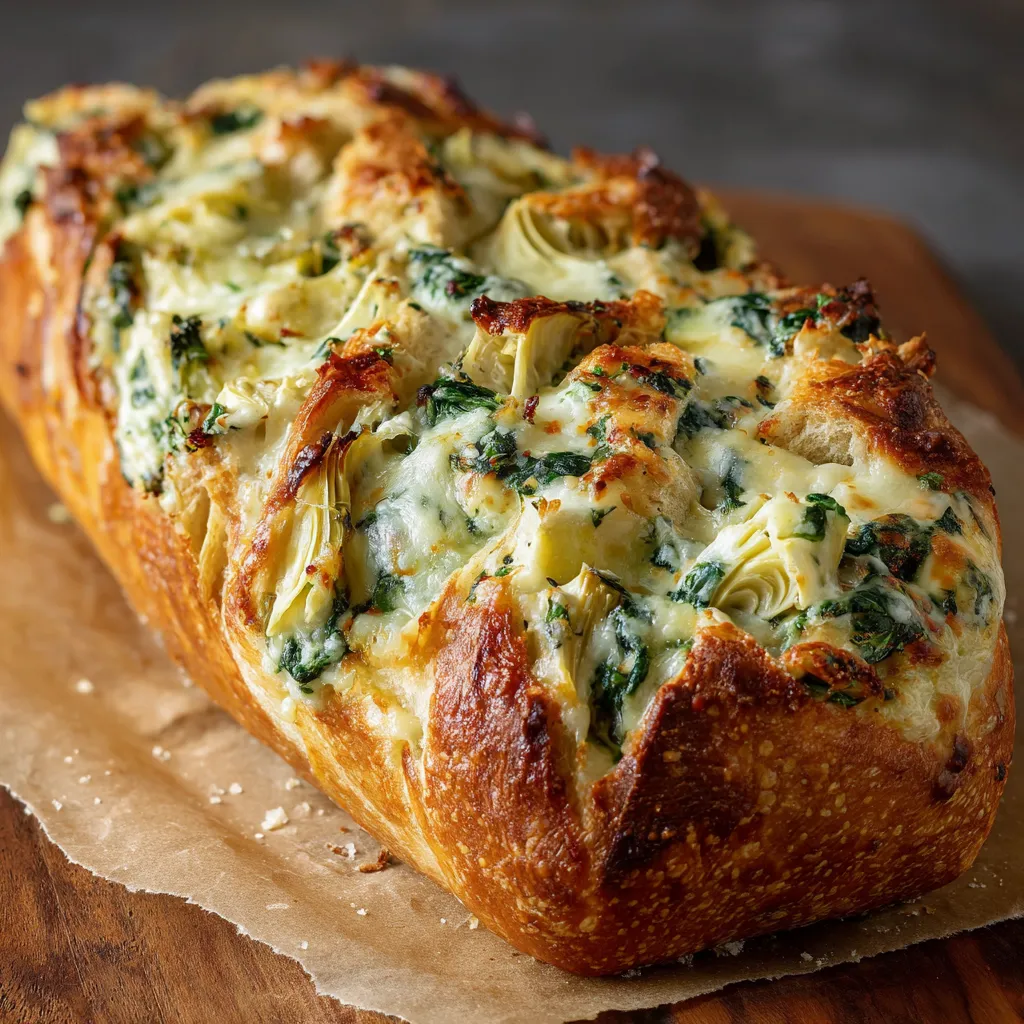 A loaf of bread with green vegetables on top.
