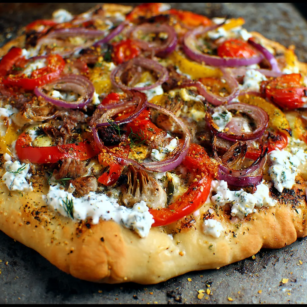 A pizza with tomatoes, onions, and cheese.