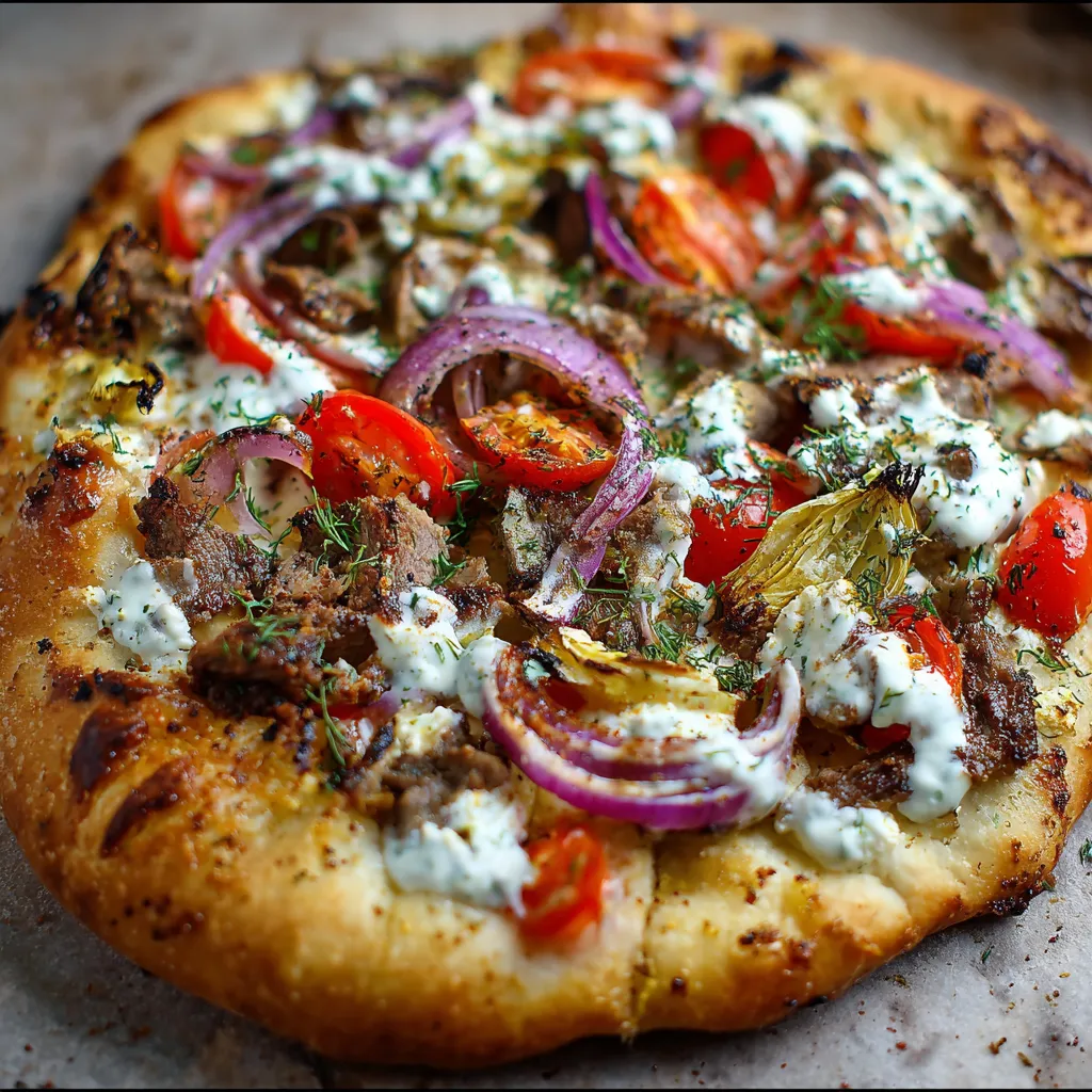 A pizza with tomatoes, onions, and cheese.