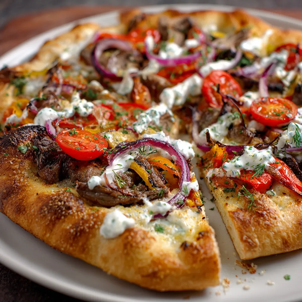 A pizza with tomatoes, onions, and cheese.