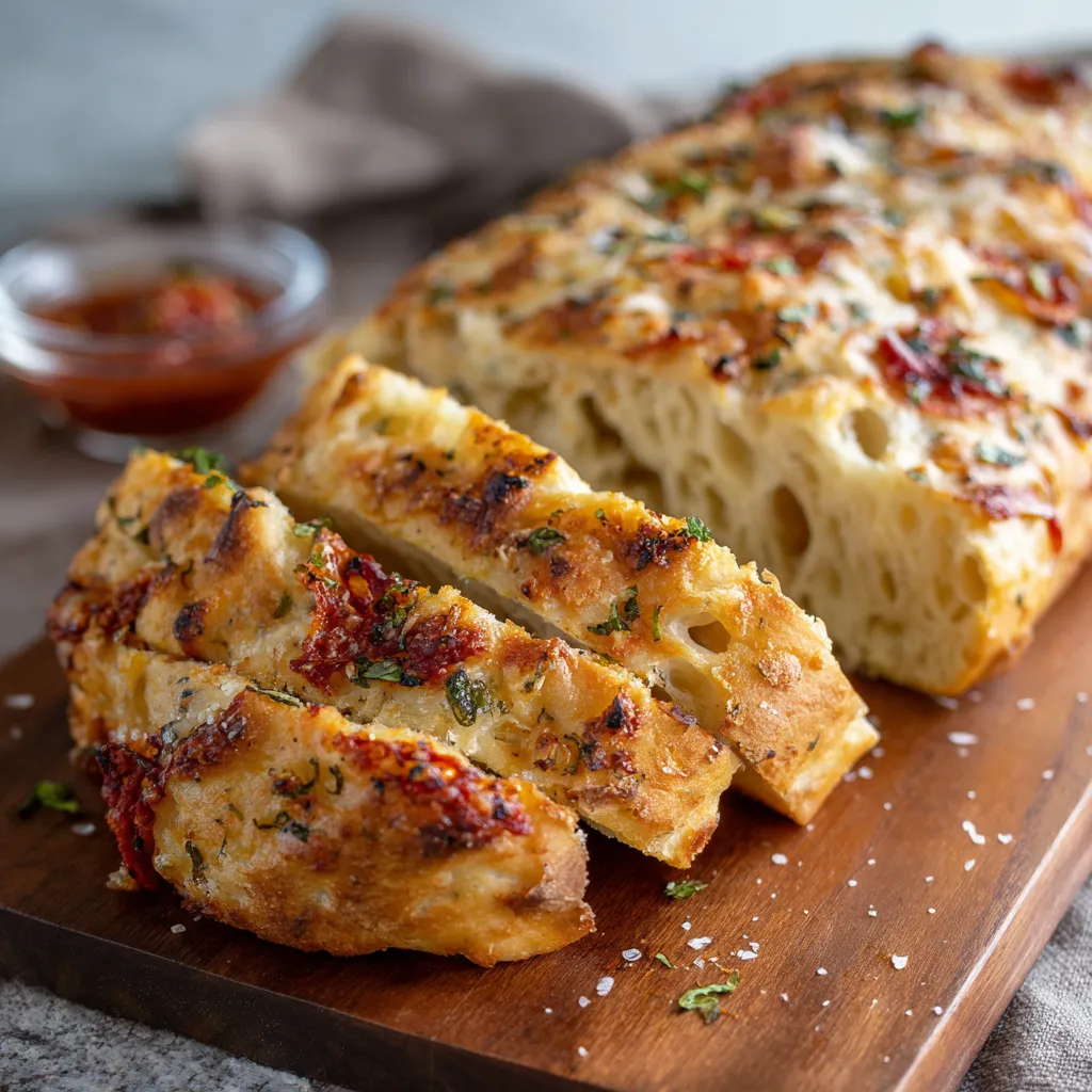 A loaf of bread with tomato sauce on the side.