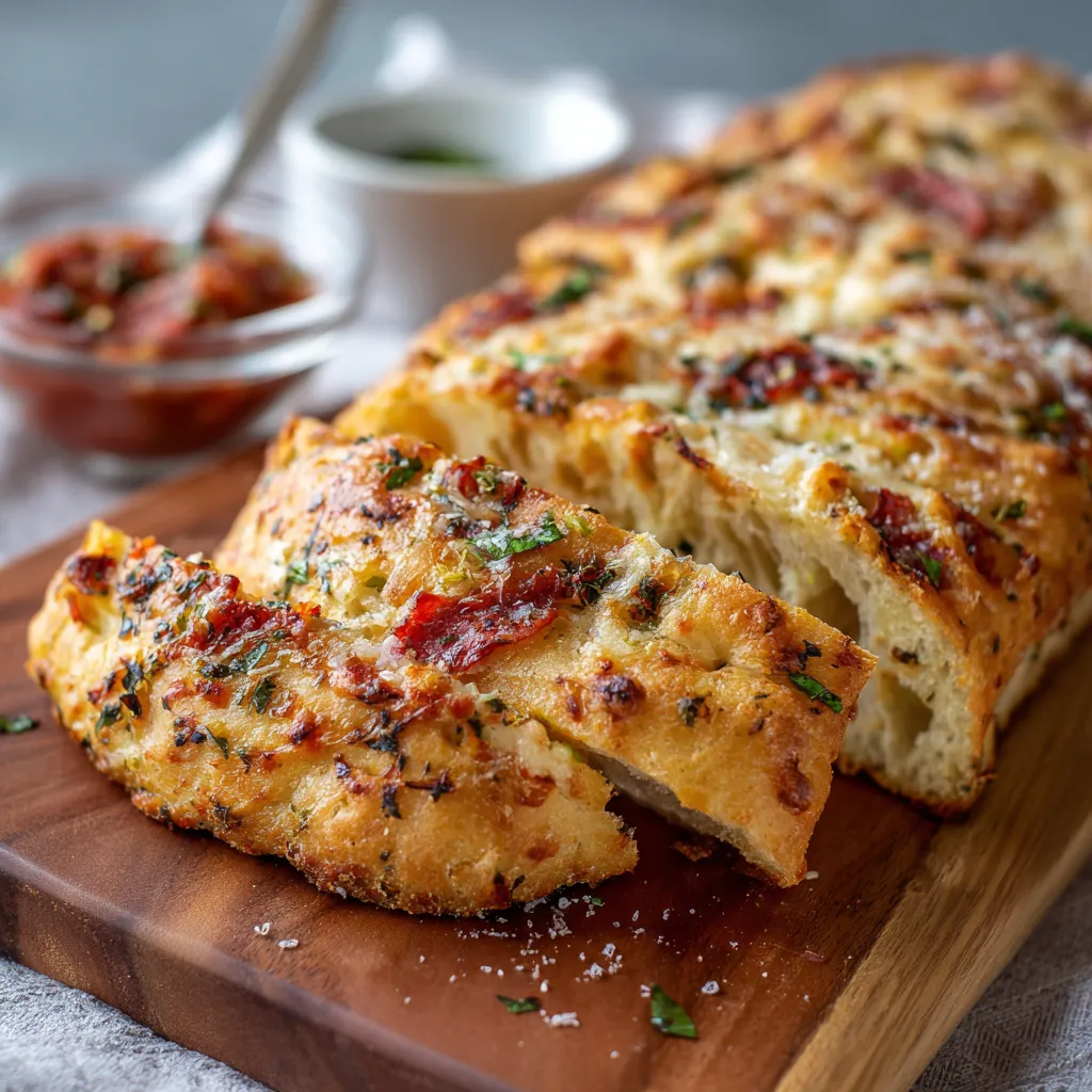 A wooden cutting board with a loaf of bread and a bowl of sauce.