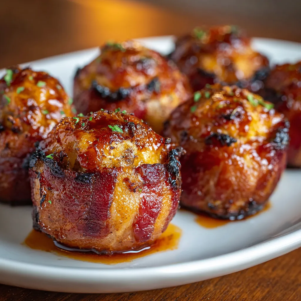 Bacon wrapped appetizers on a plate.