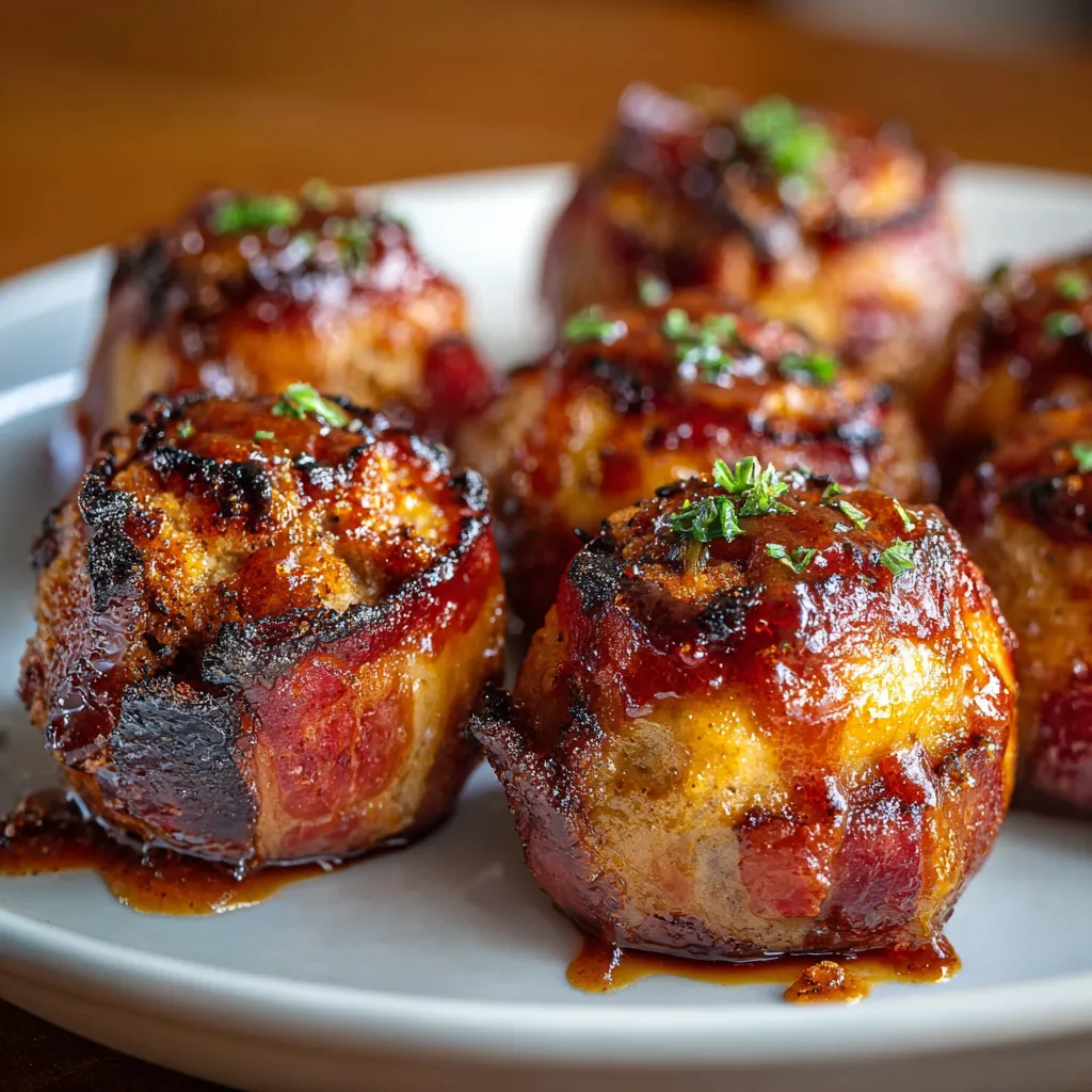 Bacon wrapped appetizers on a plate.