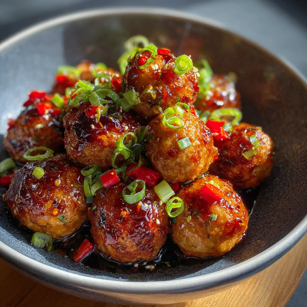 A bowl of meatballs with red peppers.