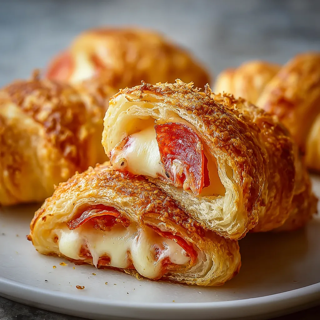 A plate with two croissants with cheese and meat.