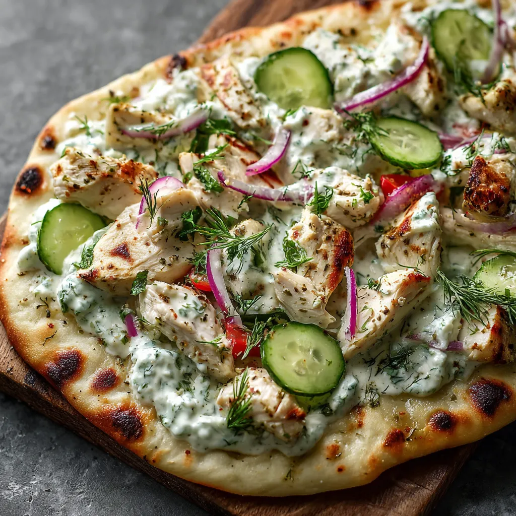 A pizza with chicken, cucumbers, and onions.