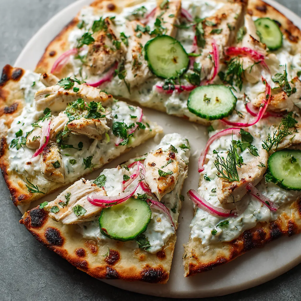 A pizza with chicken and cucumbers on it.
