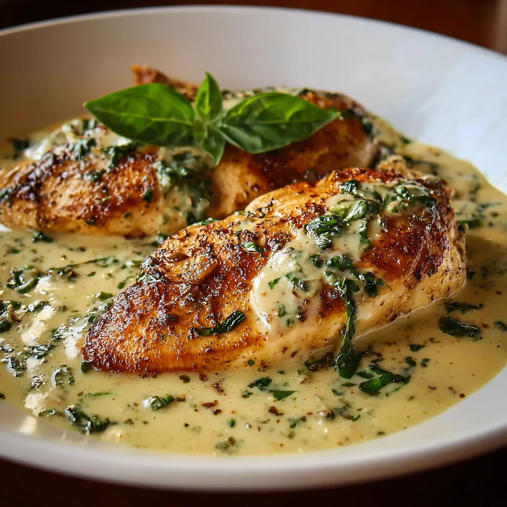 A plate of chicken with sauce and herbs.