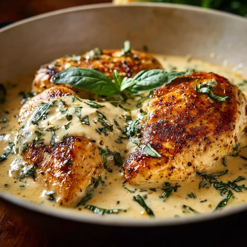 A bowl of chicken with herbs on top.
