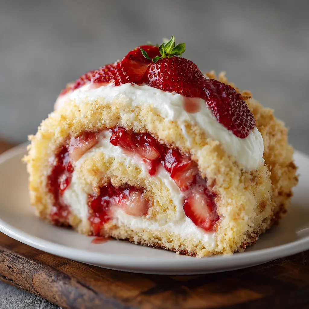 A slice of cake with strawberries on top.
