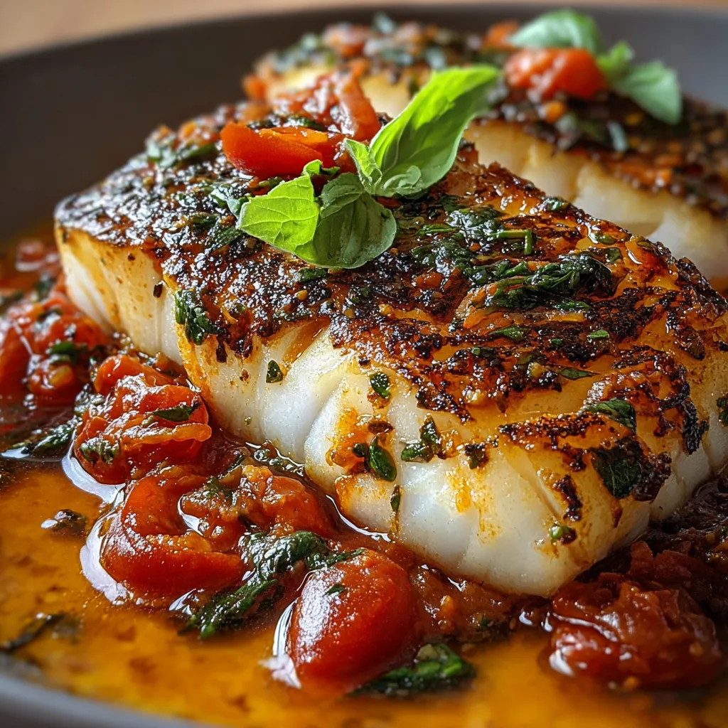 A plate of fish with tomatoes and herbs.