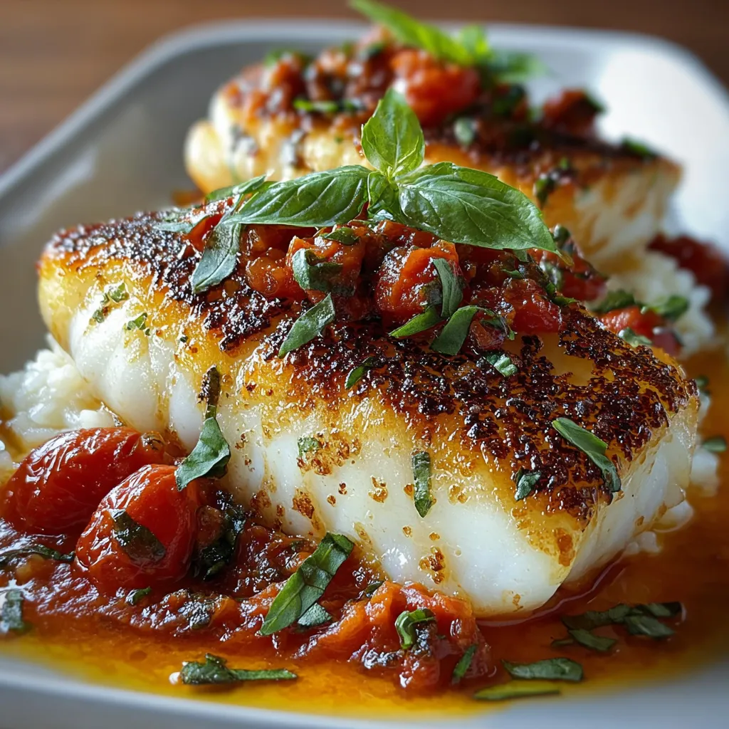 A plate of fish with tomatoes and herbs.
