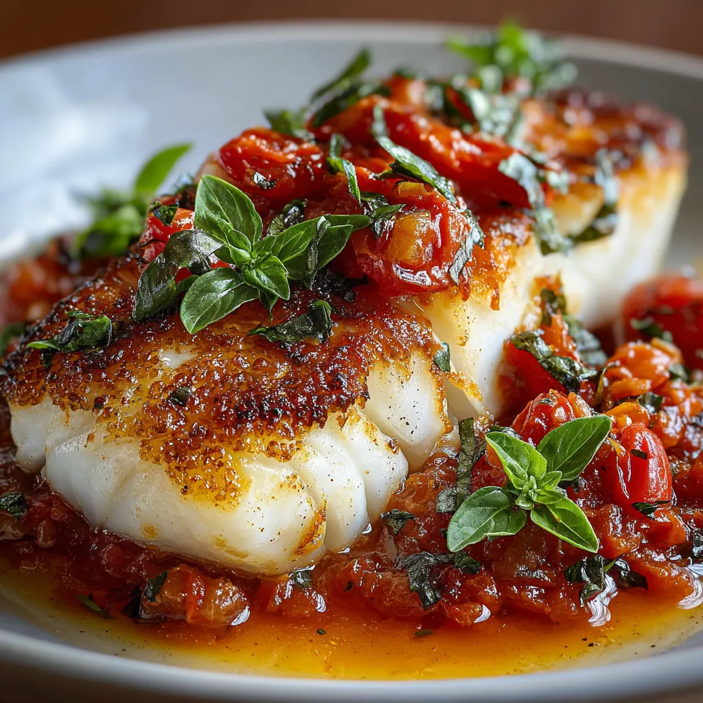 A plate of fish with tomatoes and herbs.