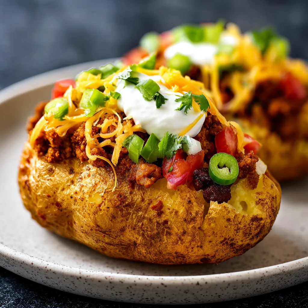 Two baked potatoes with cheese and salsa.