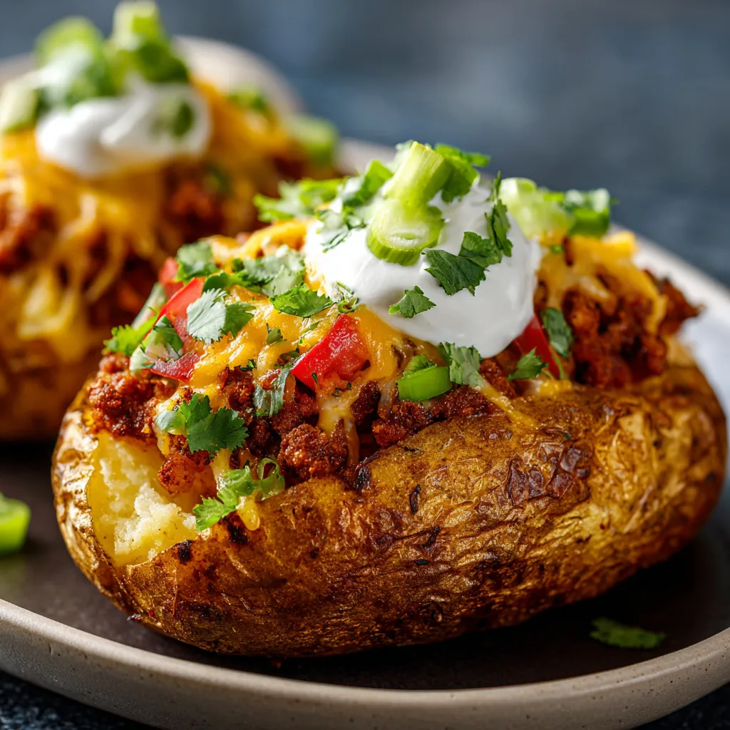 Two baked potatoes with cheese and sour cream on top.