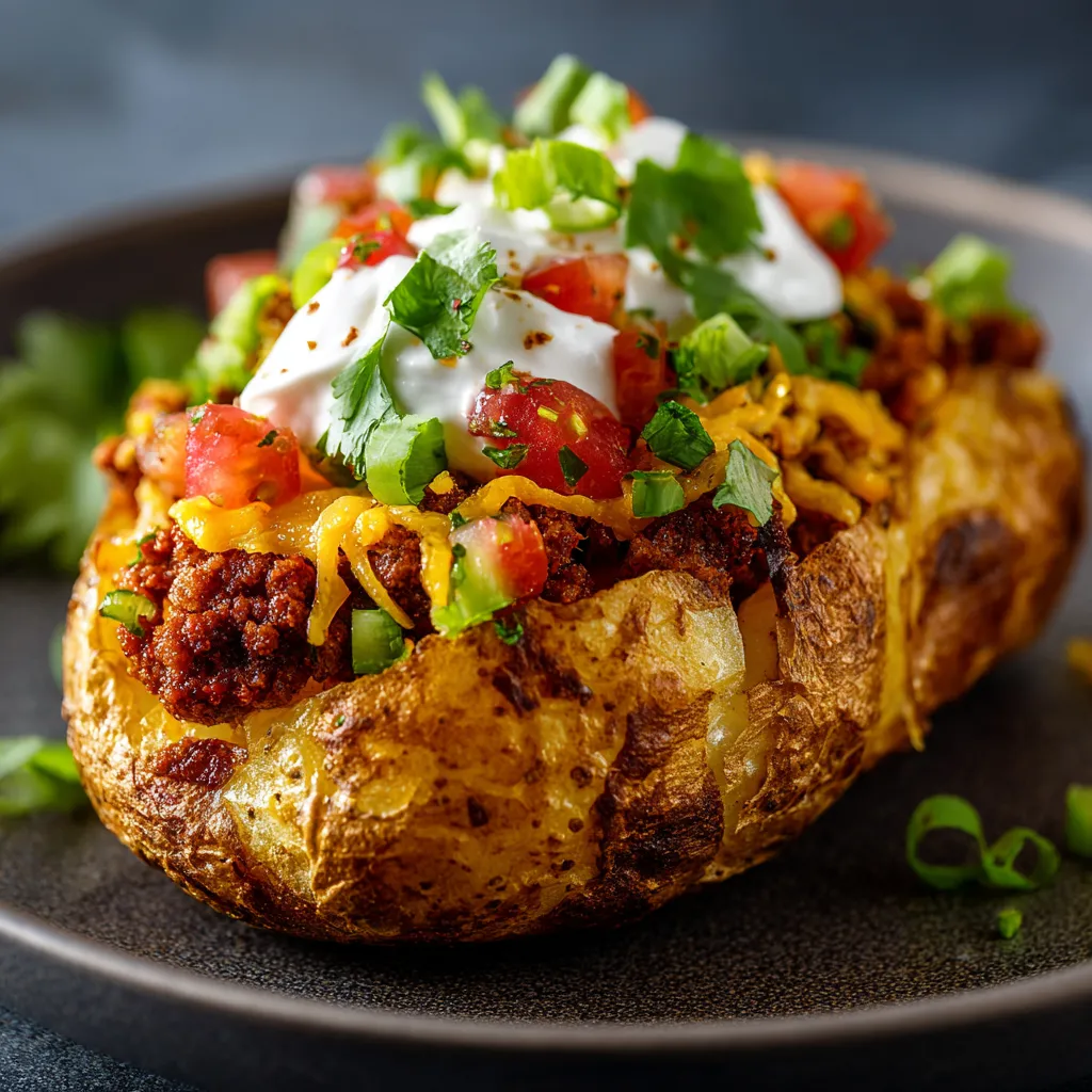 A plate of food with a baked potato topped with meat and cheese.