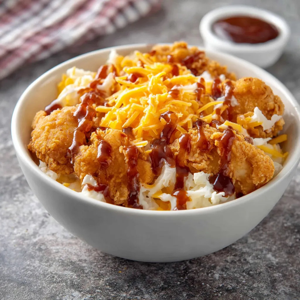 A bowl of chicken with cheese and barbecue sauce.