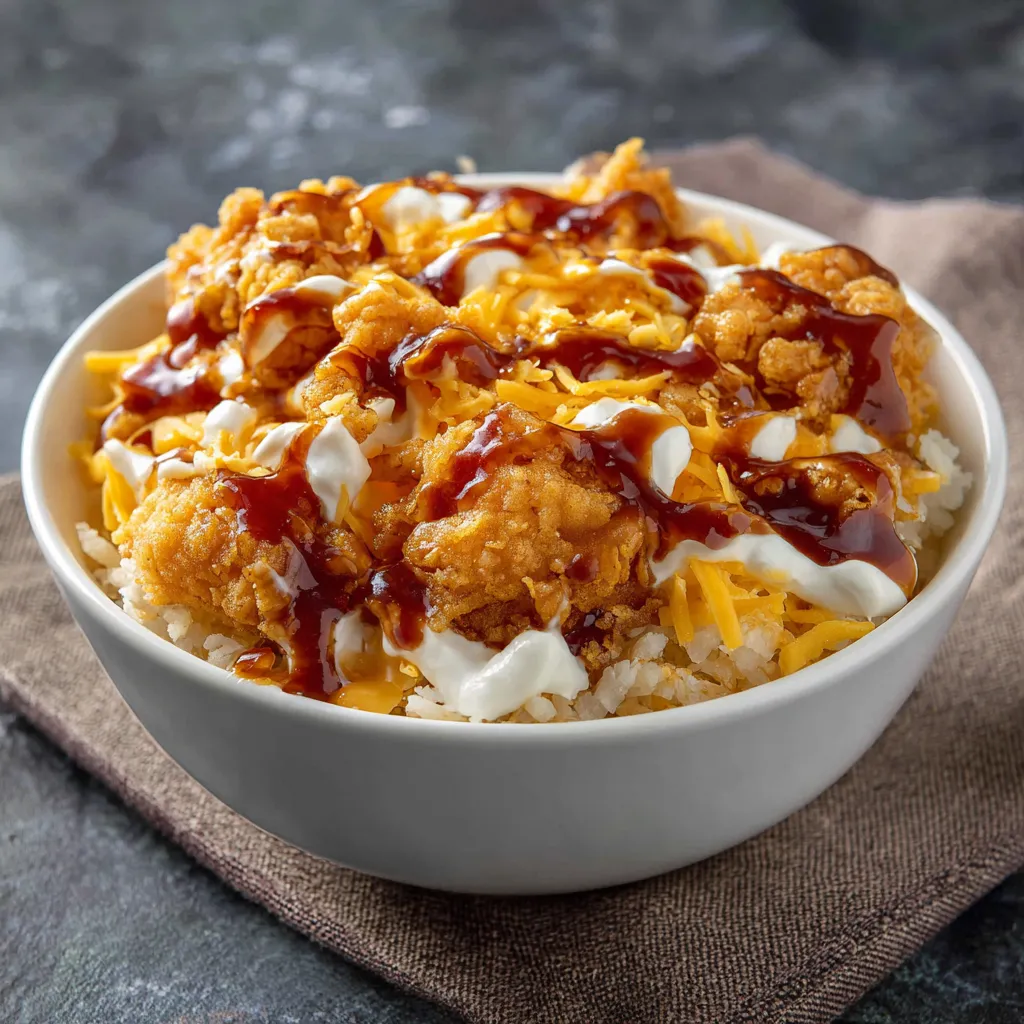 A bowl of rice with cheese and sauce.