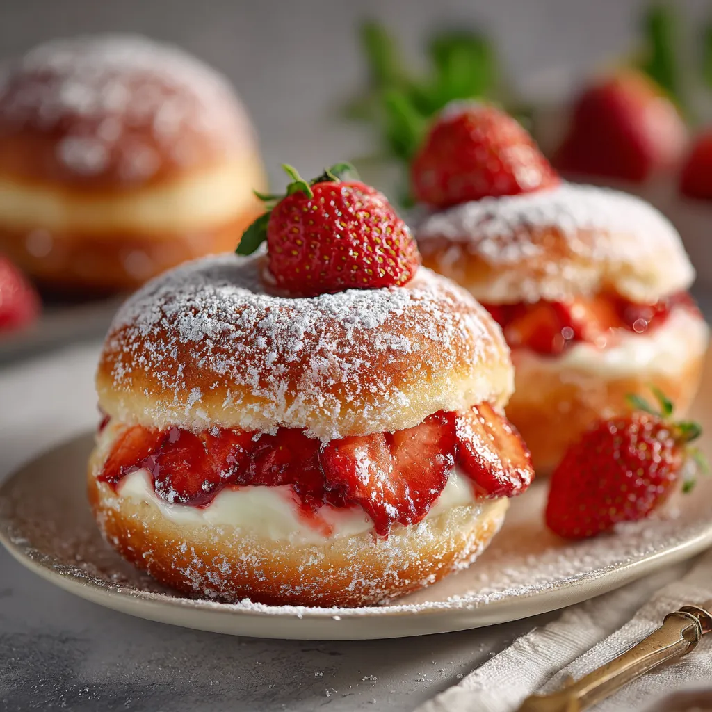 A plate of strawberry shortcake with powdered sugar.