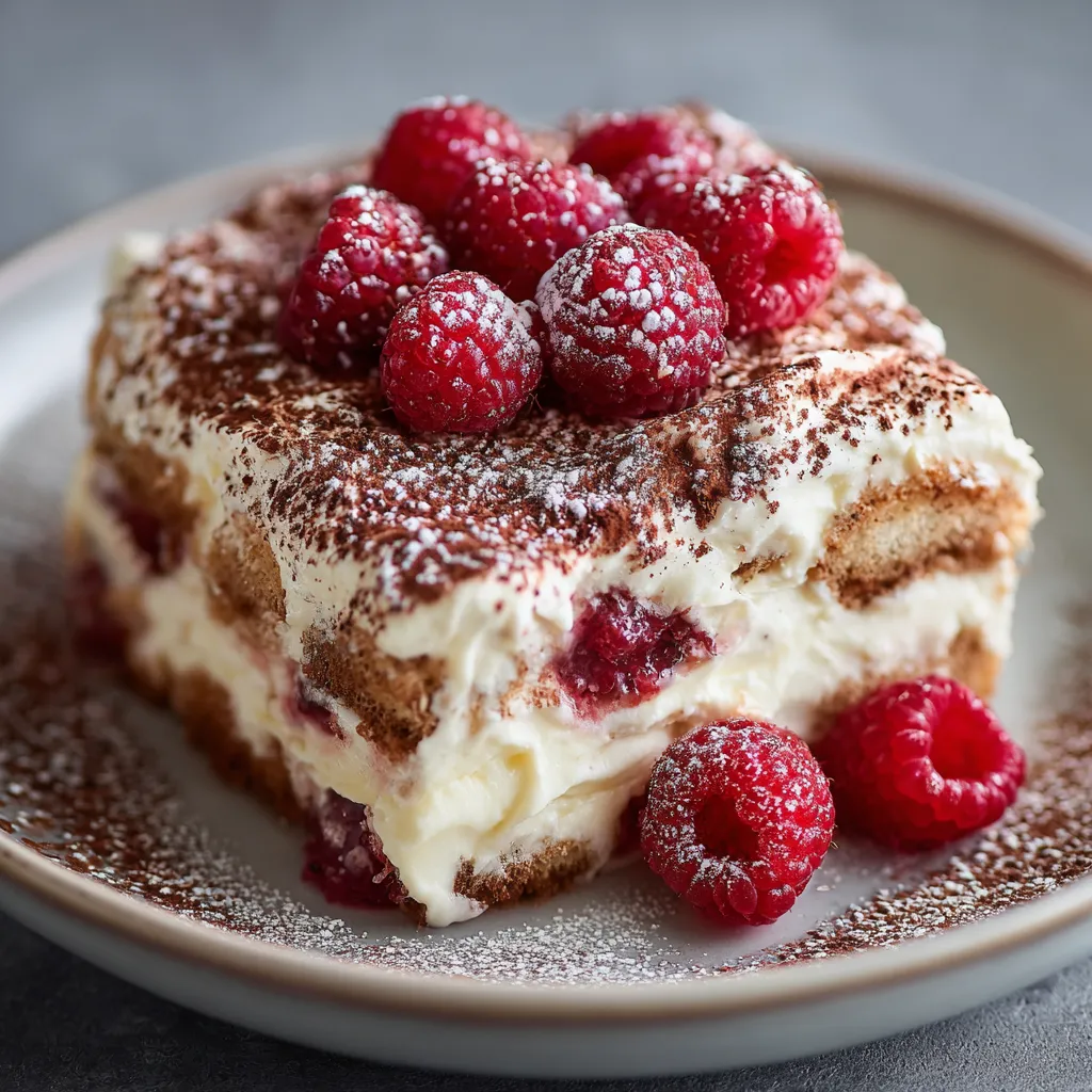 A slice of cake with raspberries on top.