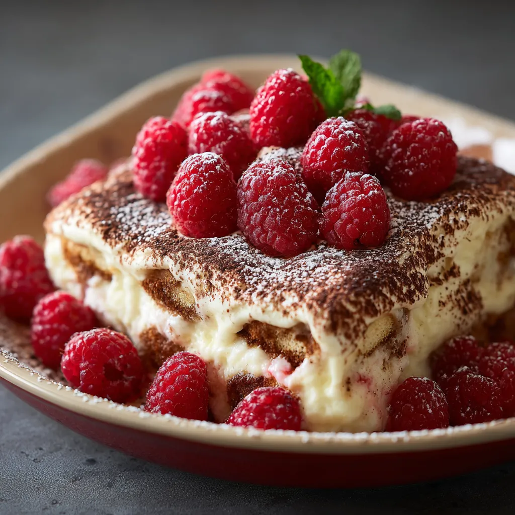 A plate of food with raspberries on top.