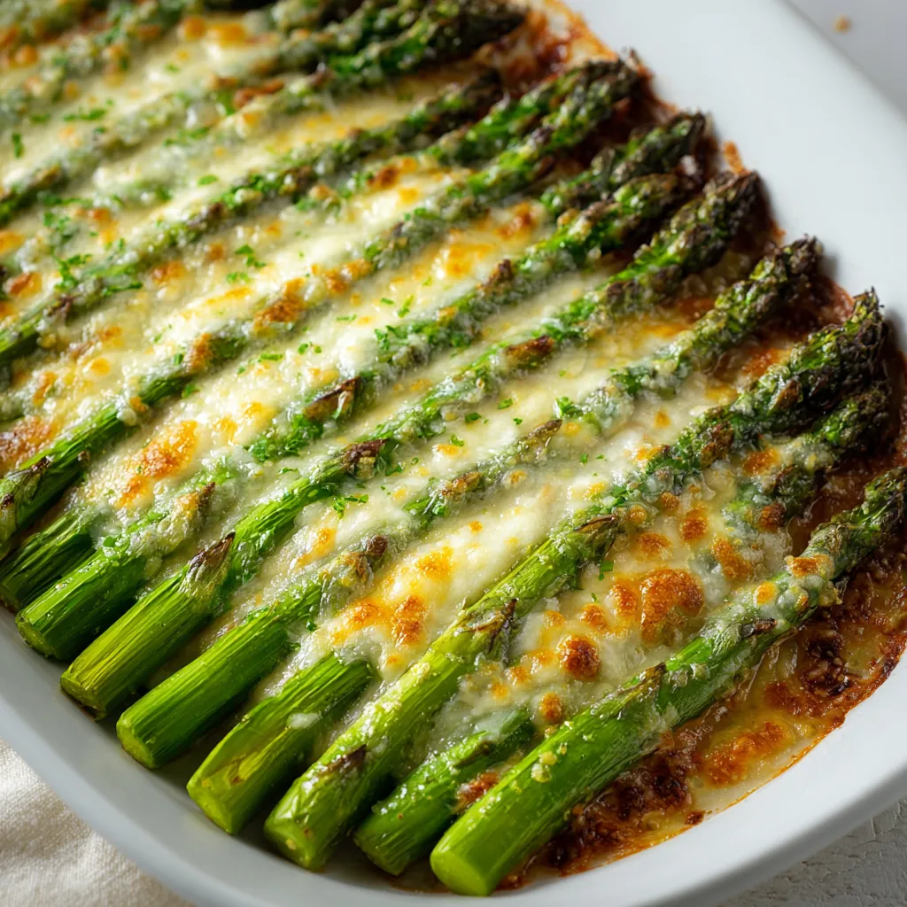 A white plate with a casserole dish of asparagus and cheese.