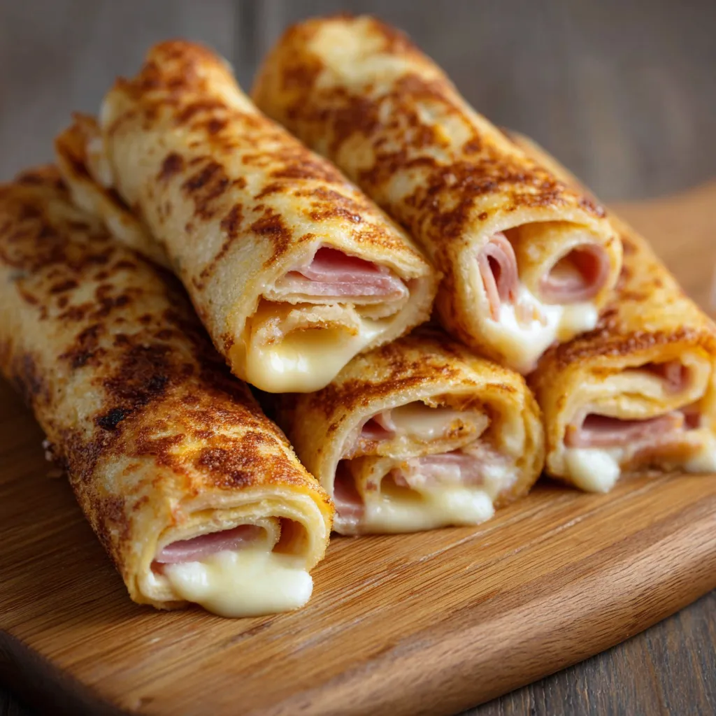 A stack of sandwiches on a wooden table.