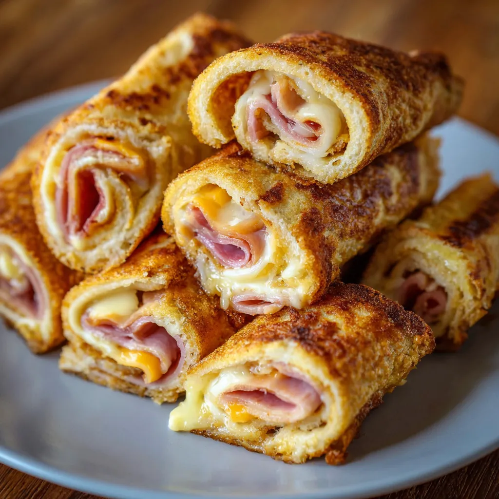 A plate of sandwiches with cheese and ham.