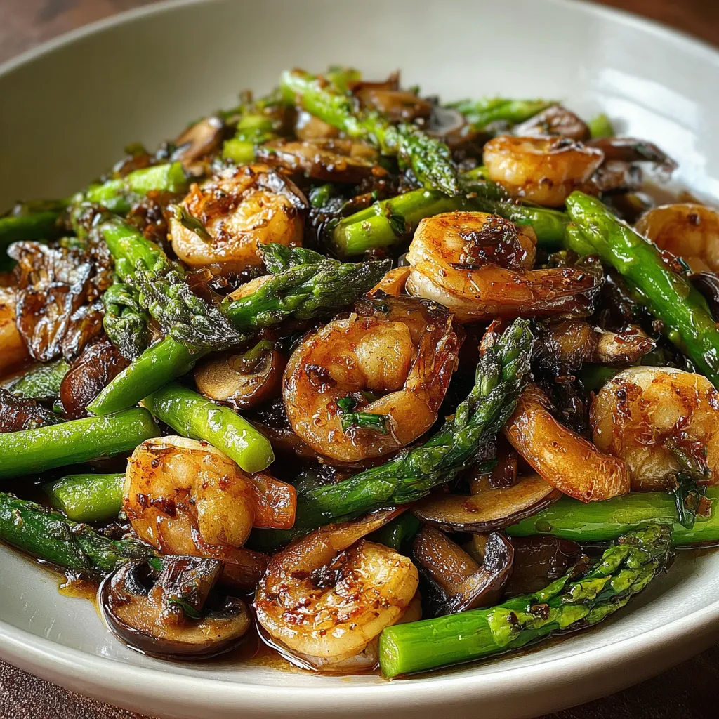 A plate of shrimp and asparagus.
