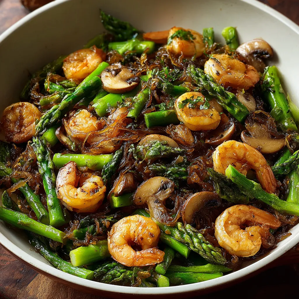 A bowl of shrimp and asparagus.